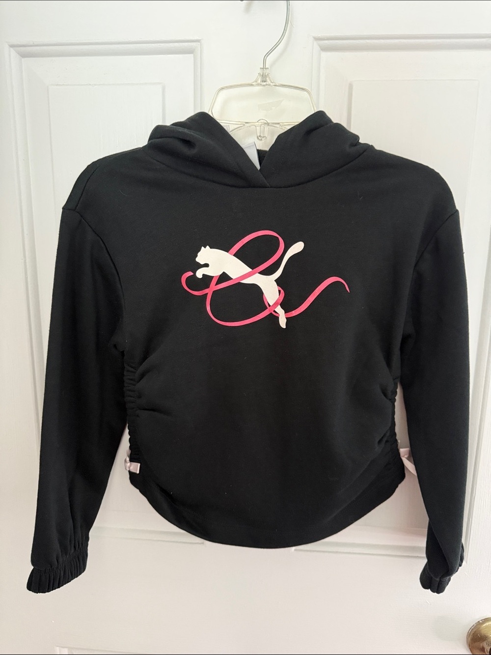 NEW- Puma Black Hooded Pullover Gathered Sides with Pink Bows